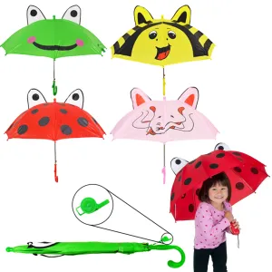 2 Pc Children's Umbrella Animal Whistle Rain Sun Shade Toddler Kids Girls Boys