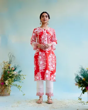 Hibiscus Floral Cotton Linen Kurta with Lace Detailing and Embroidered Sleeves