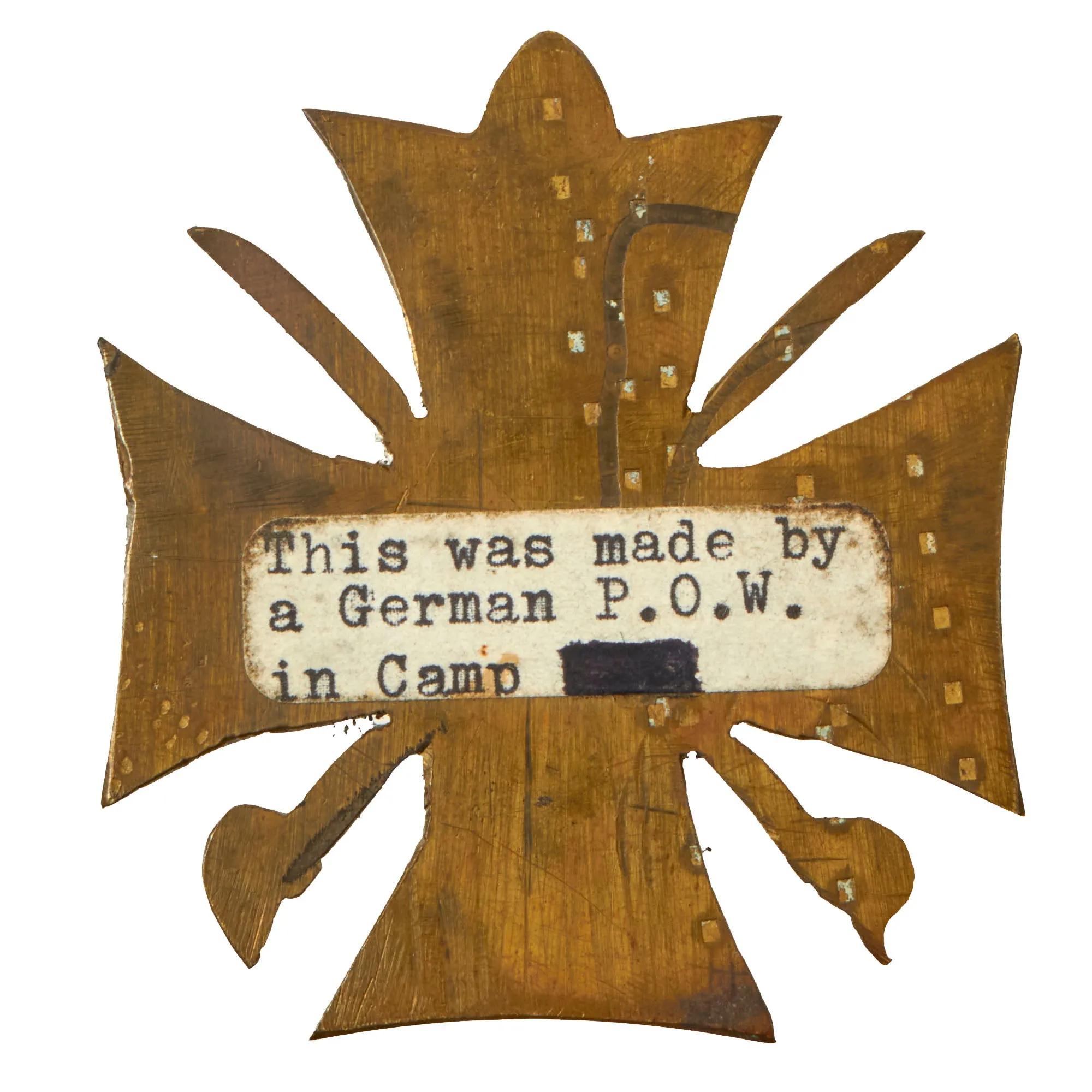Original German WWII POW Souvenir Brass War Merit Cross Made by German Prisoner of War - Kriegsverdienstkreuz