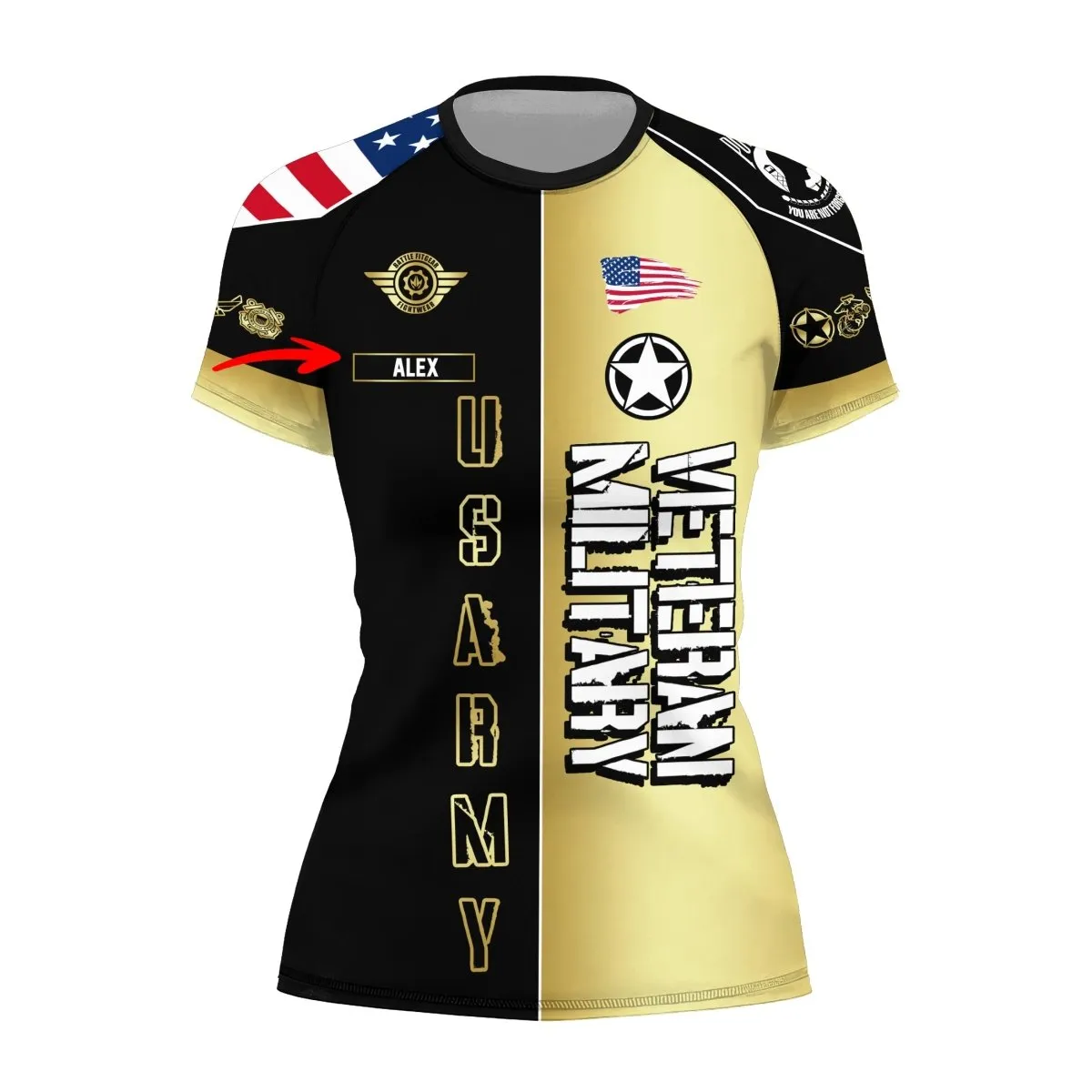 Personalized Veteran Army Football Women's Short Sleeve Rash Guard
