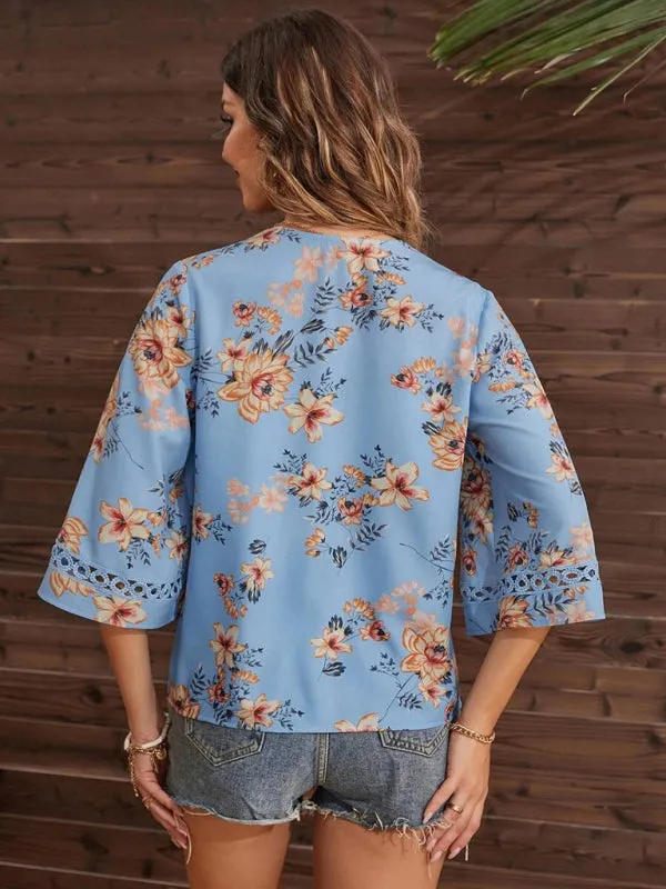 V-neck Printed Patchwork Lace Flared Sleeve Top